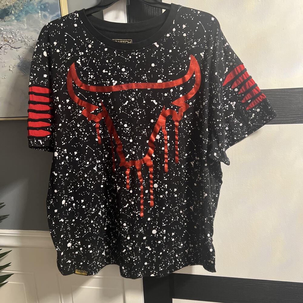 Switch Remarkable RED Chicago Bulls Splatter Paint Men Black TShirt Cotton 3XL